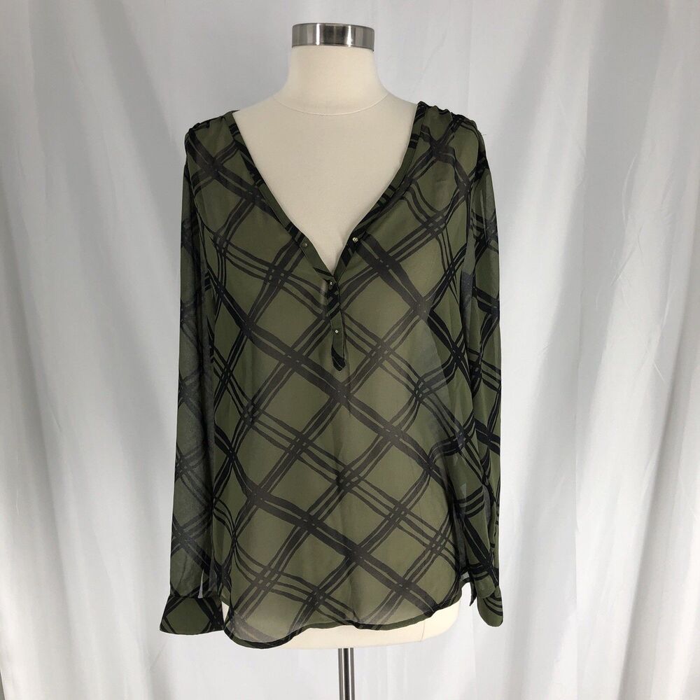 BANANA REPUBLIC Women's Olive Green Plaid Sheer Split Neck HiLow Blouse - Size L
